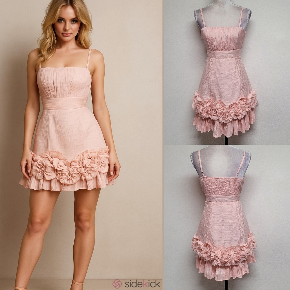 Modcloth Ryu Peach Crinkle Fabric Raw Cut 3D Flowers Pleated Mini Babydoll Dress